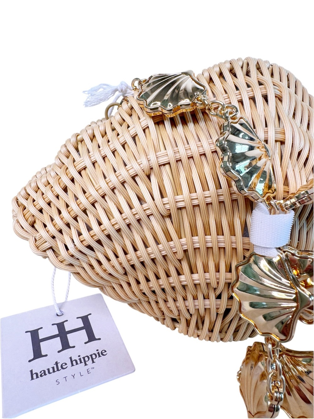 HAUTE HIPPIE NWT Woven Seashell Hand Bag w Gold Seashell Chain - Picture 9 of 13